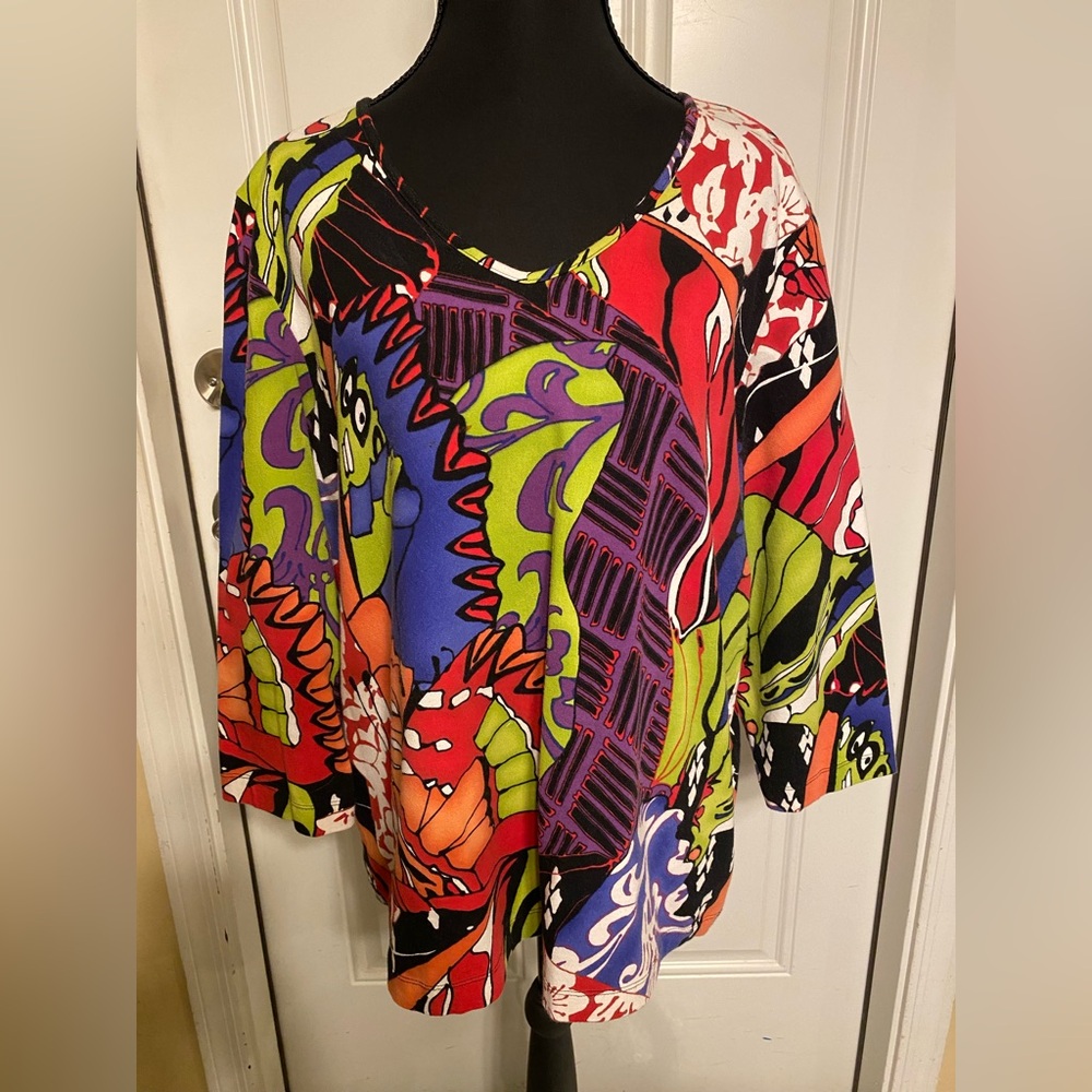 Chico's Red and Purple Graphic Oversized Blouse 3/4 Sleeve